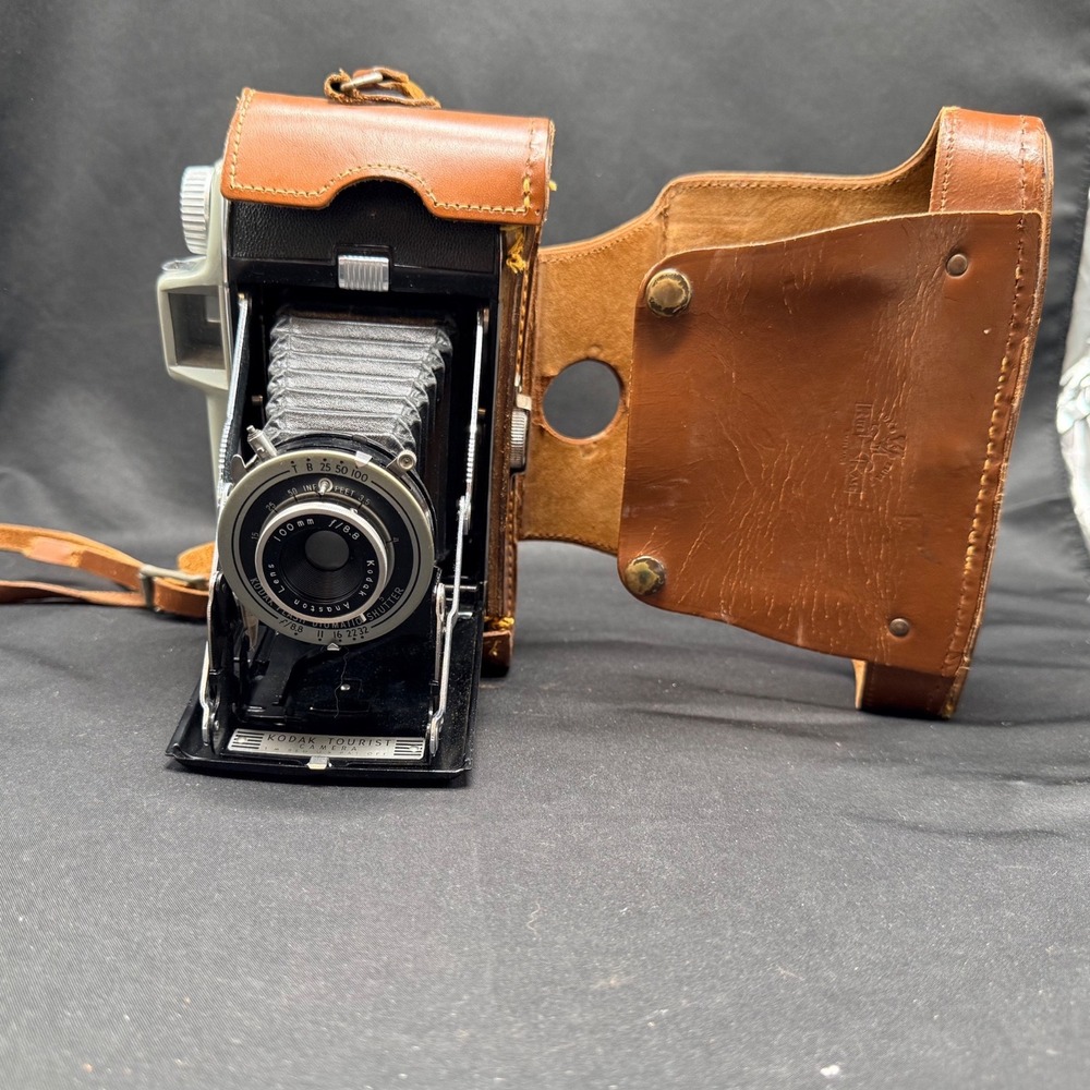 Vintage Kodak Tourist II Folding Camera 100mm f/8.8 Anaston Lens Leather Case